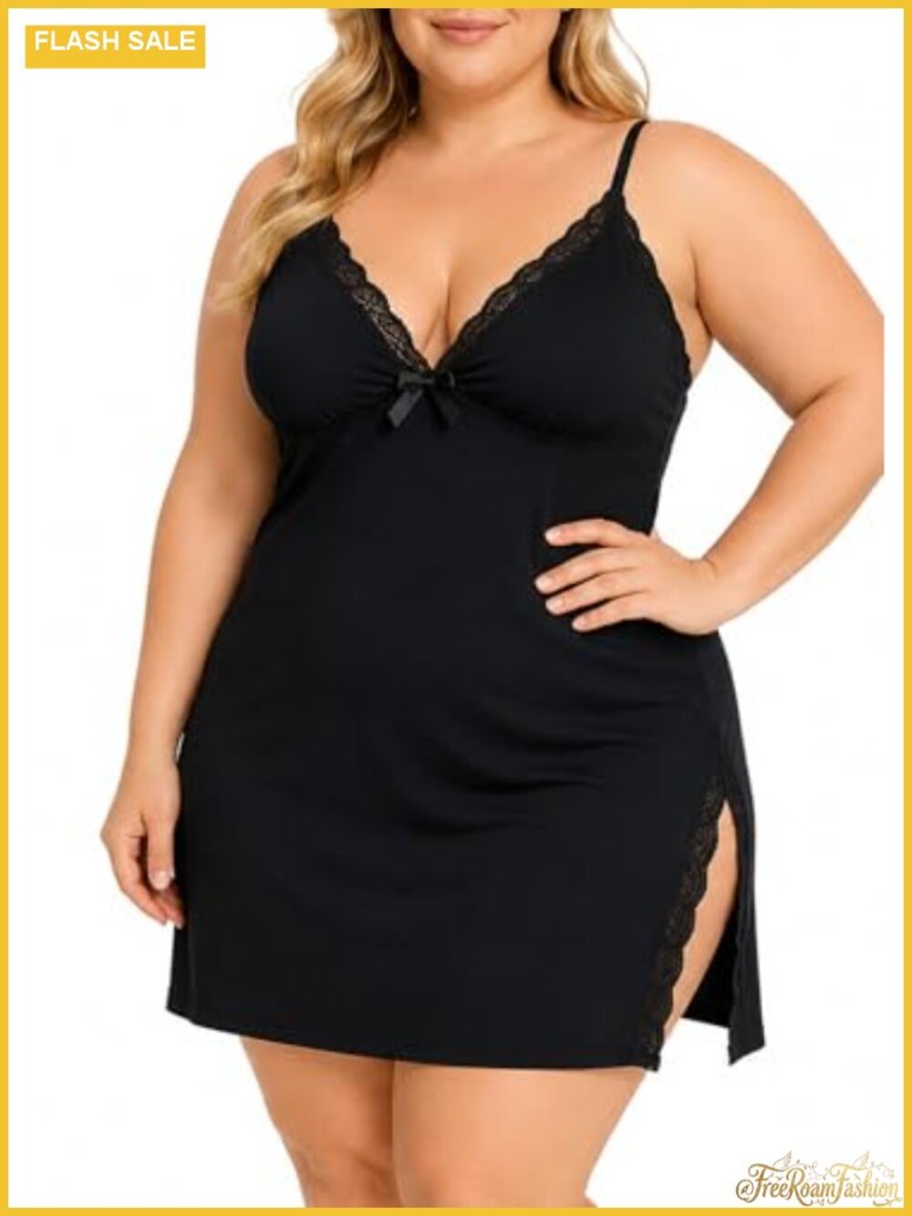 Plus Size Lace Chemise Nightgown with Adjustable Straps and High Slit